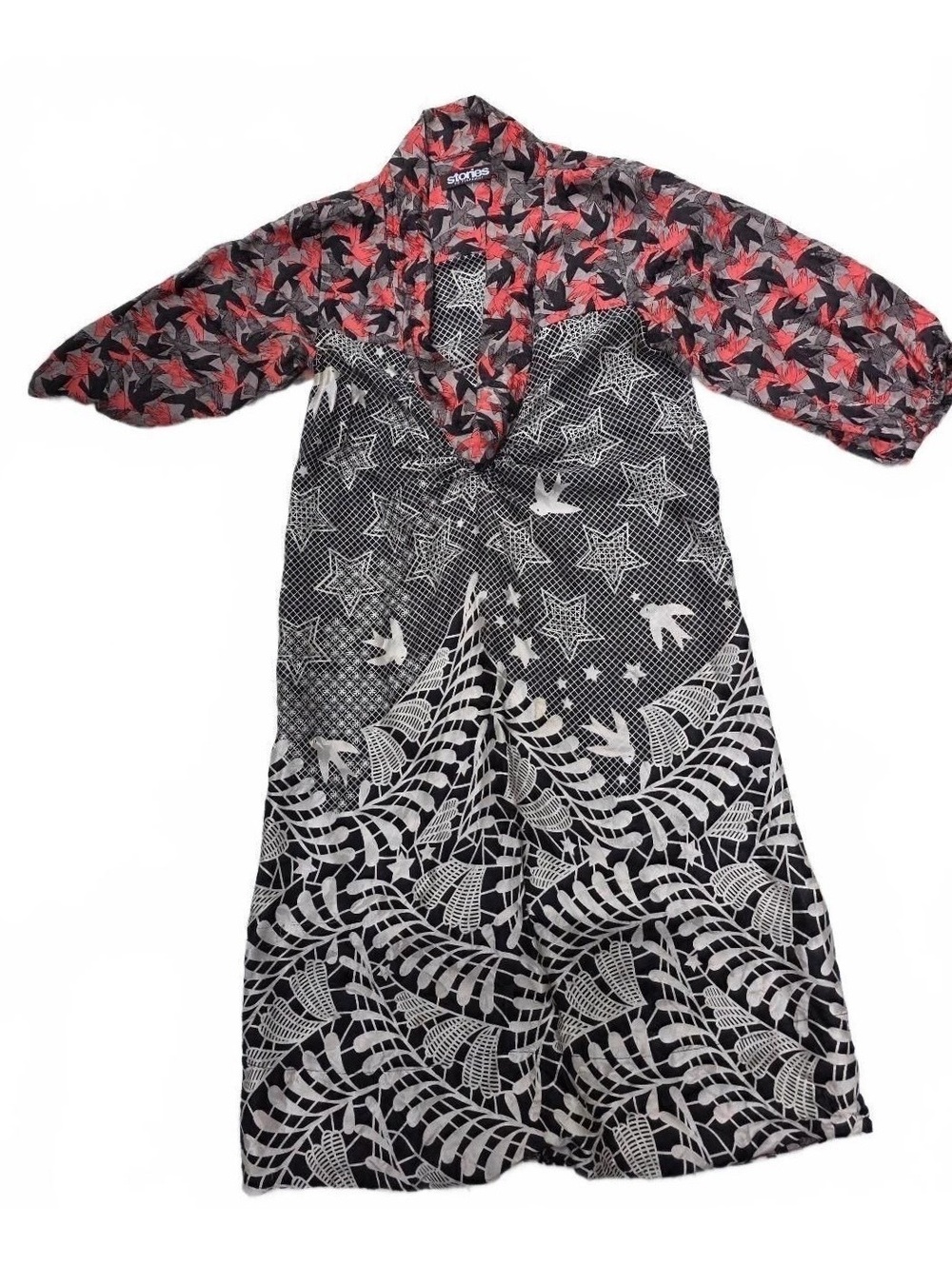 Stories by Rikkemai 100% Silk Mixed Print Dress Bird Swallow Star Small S 17"